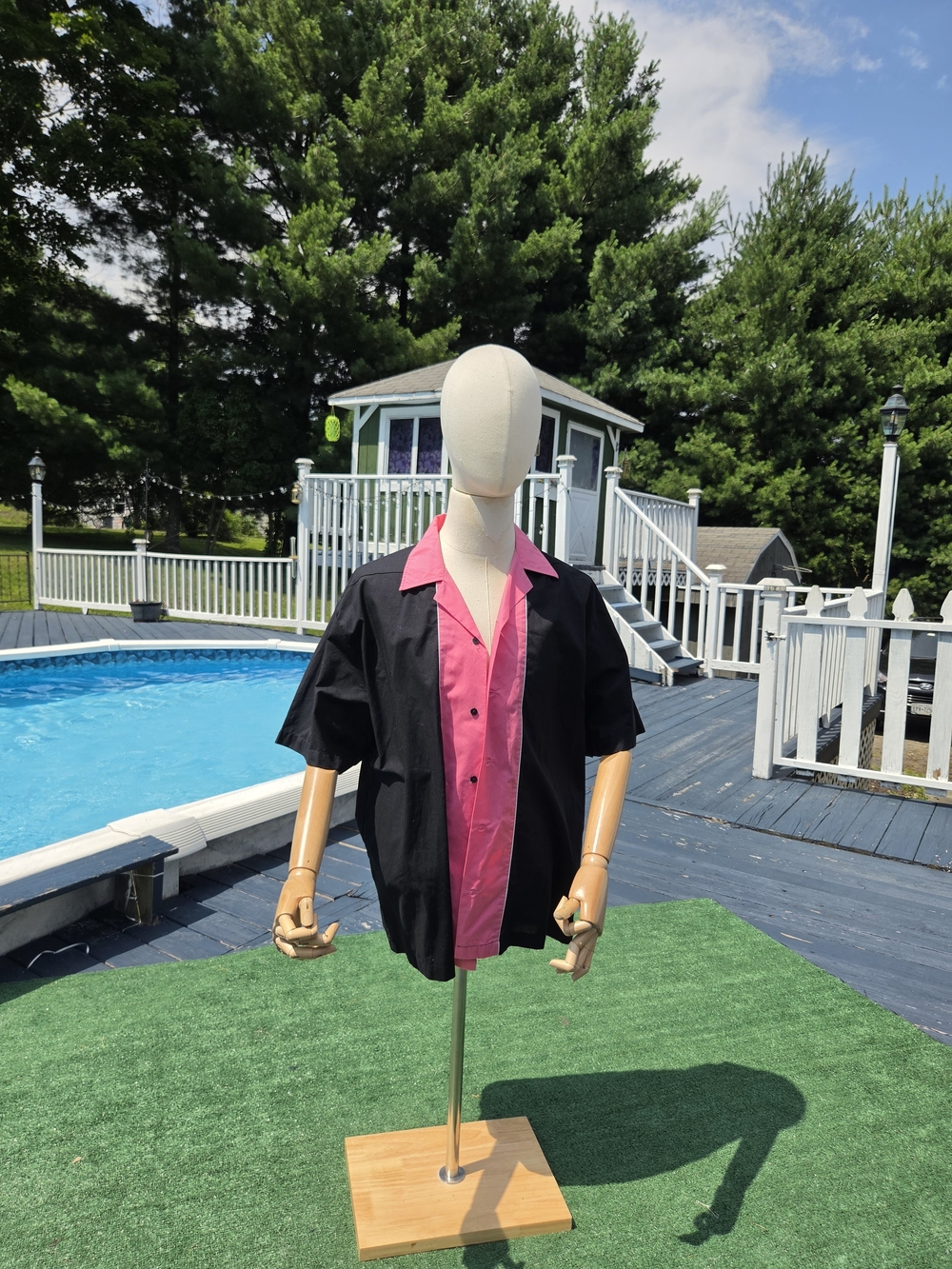 Black Short Sleeve Bowling Shirt with Pink Contrast Panel
